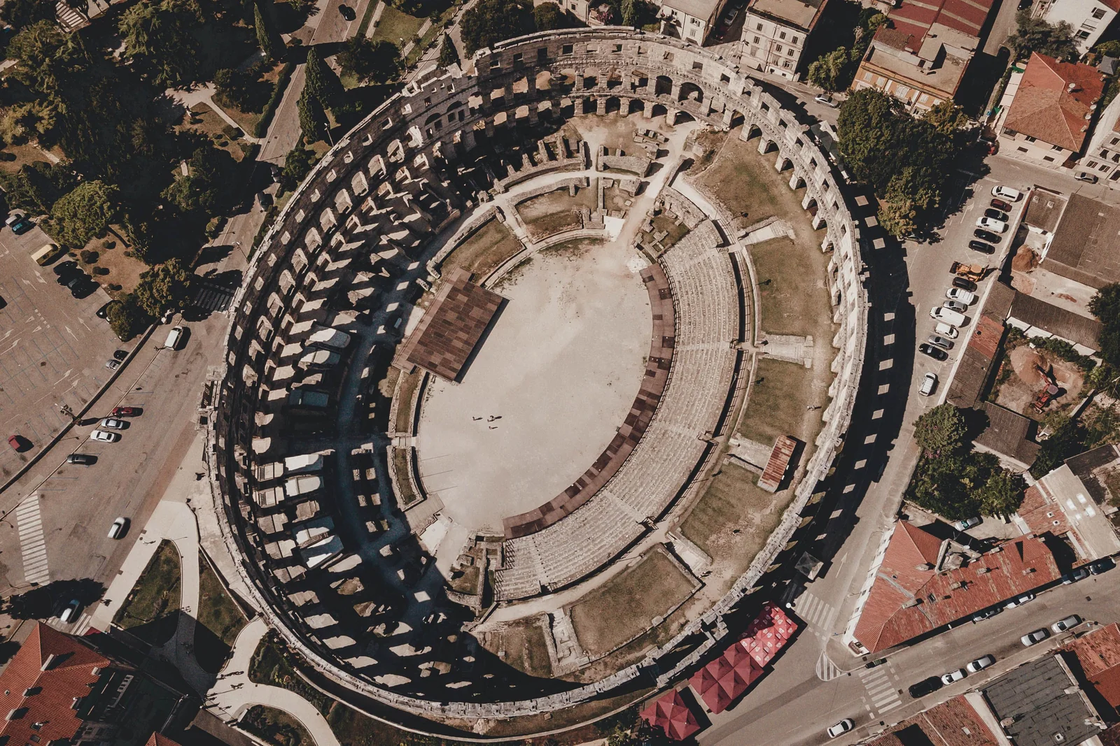 Aerial view of Pula Arena and the surrounding city streets