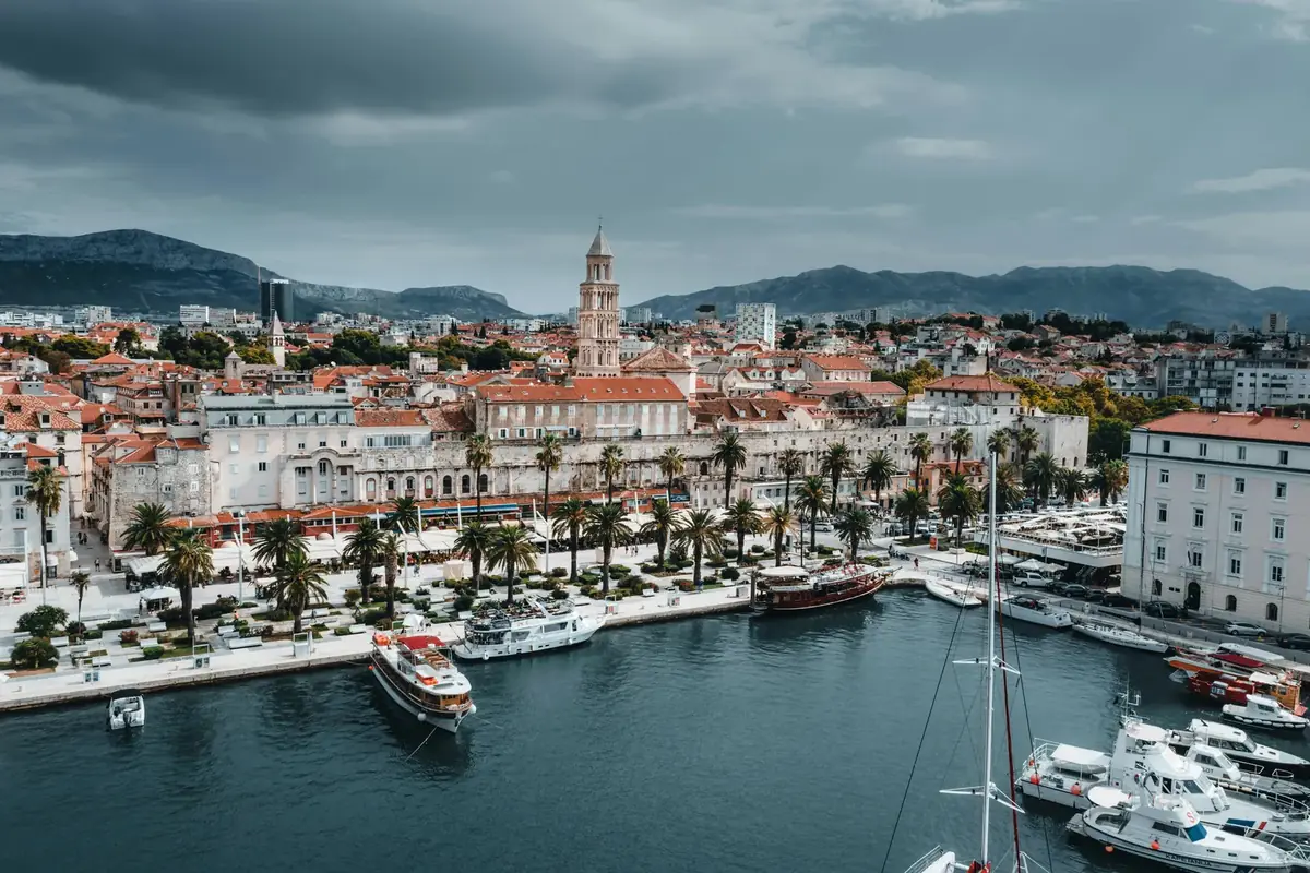 Split's riva and marina with boats in front of the old town
